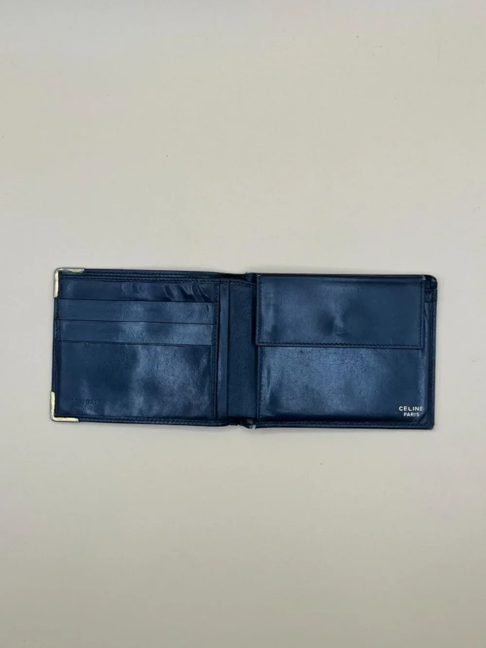 Celine Paris Black Leather Bifold Wallet Embossed Blason Logo Metal Corner Caps
